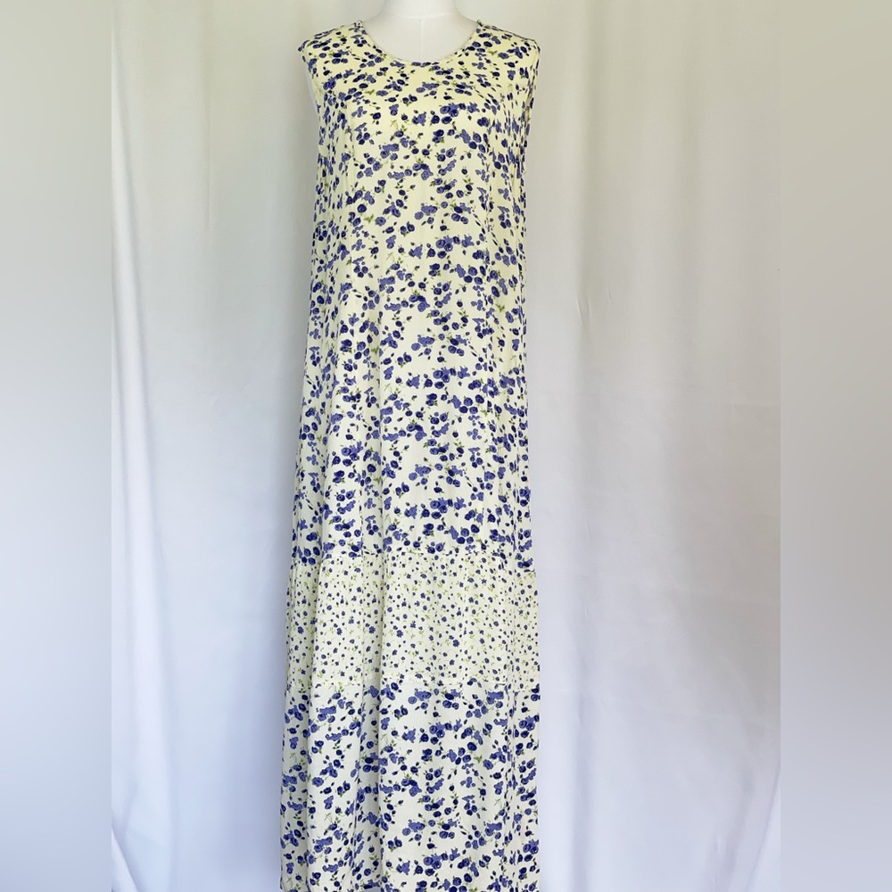 VTG Blue and Cream Floral Slinky Rayon Sheath Maxi Dress